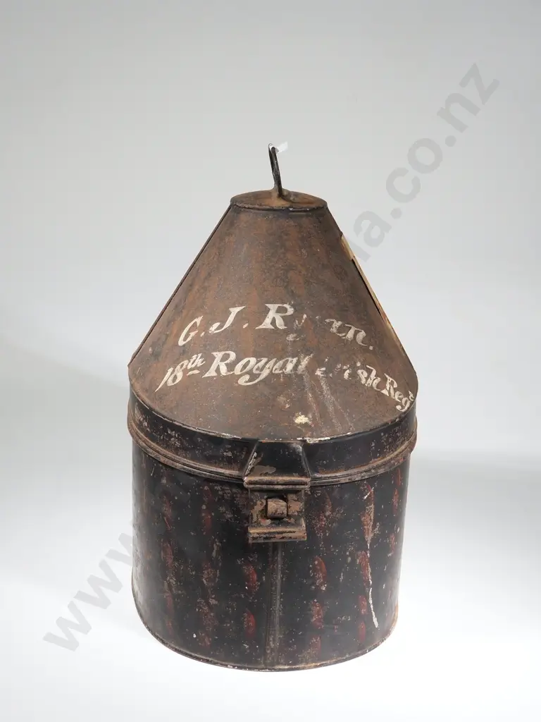 19th Century British Overseas Service Blue Helmet in Tin Box Named to C J Ryan 18th Royal Irish Regiment Image 1++