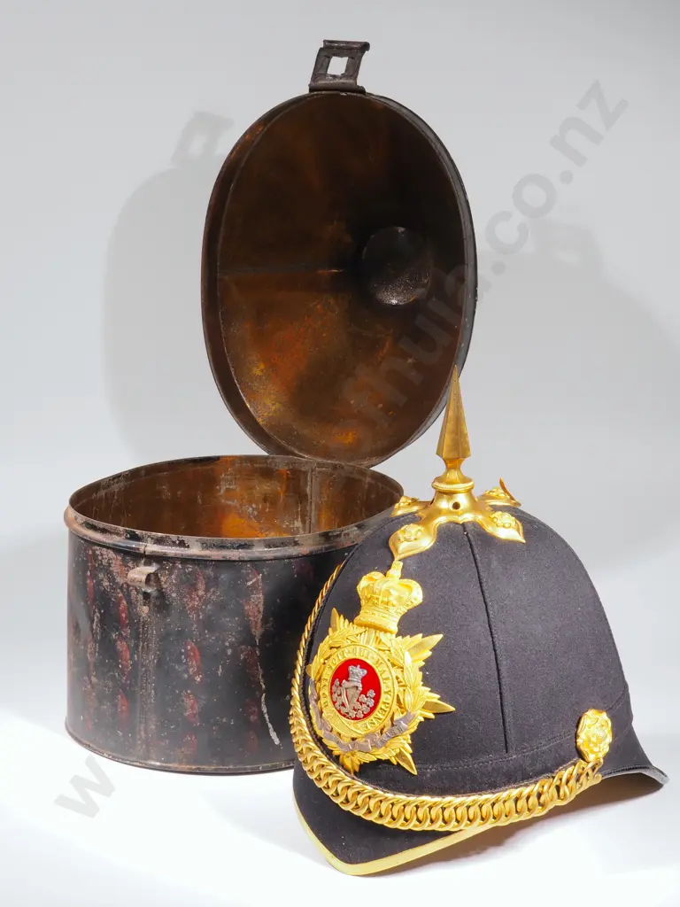 19th Century British Overseas Service Blue Helmet in Tin Box Named to C J Ryan 18th Royal Irish Regiment Image 1++