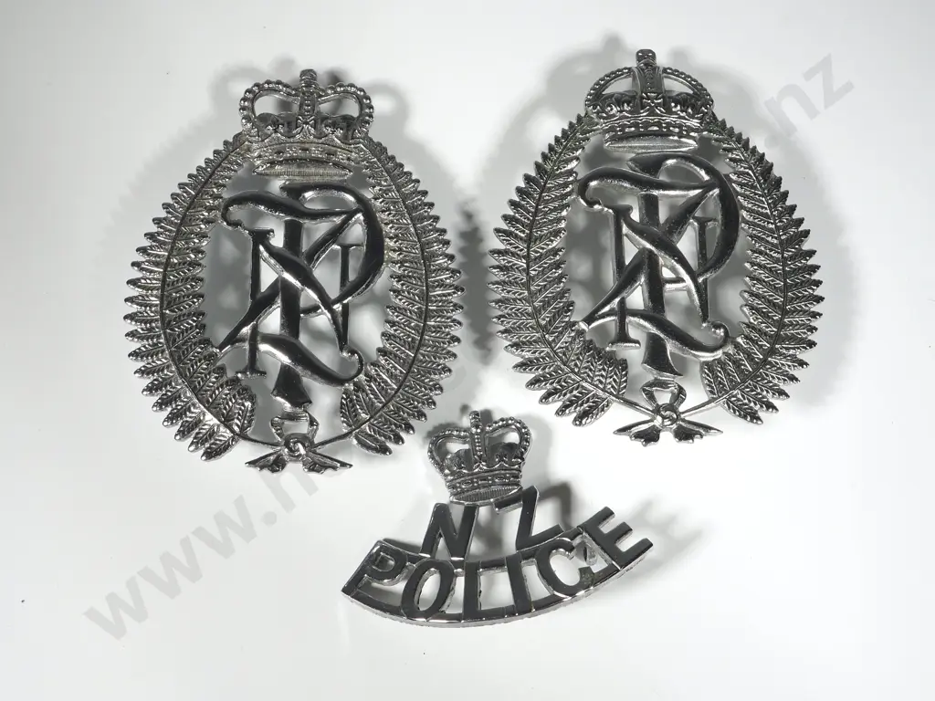 New Zealand Police Two Helmet Plates & Skeleton Badge Image 1++