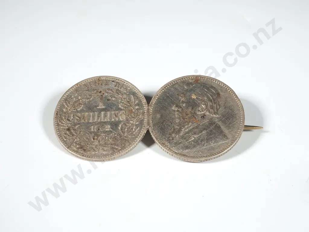 Two South Africa 1 Shilling Coins Brooch Mounted (Boer War Era) Image 1++