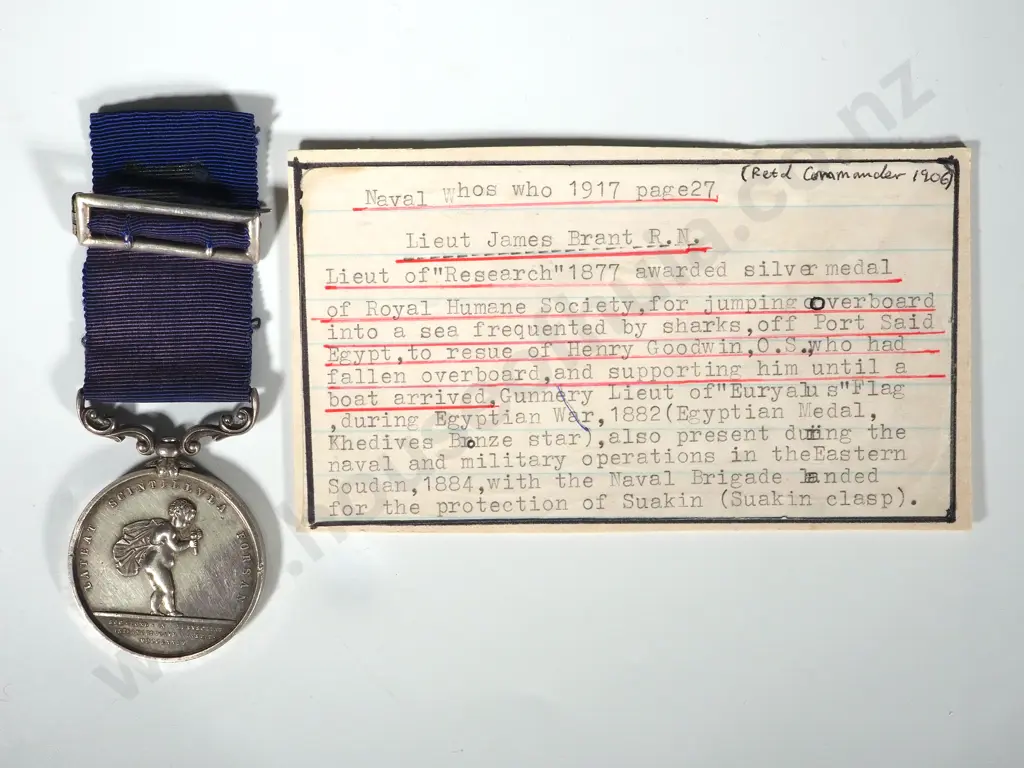 English Type 1 Royal Human Society Medal in Silver - 3rd July 1877 to Lieutenant James Brant Royal Navy Image 1++