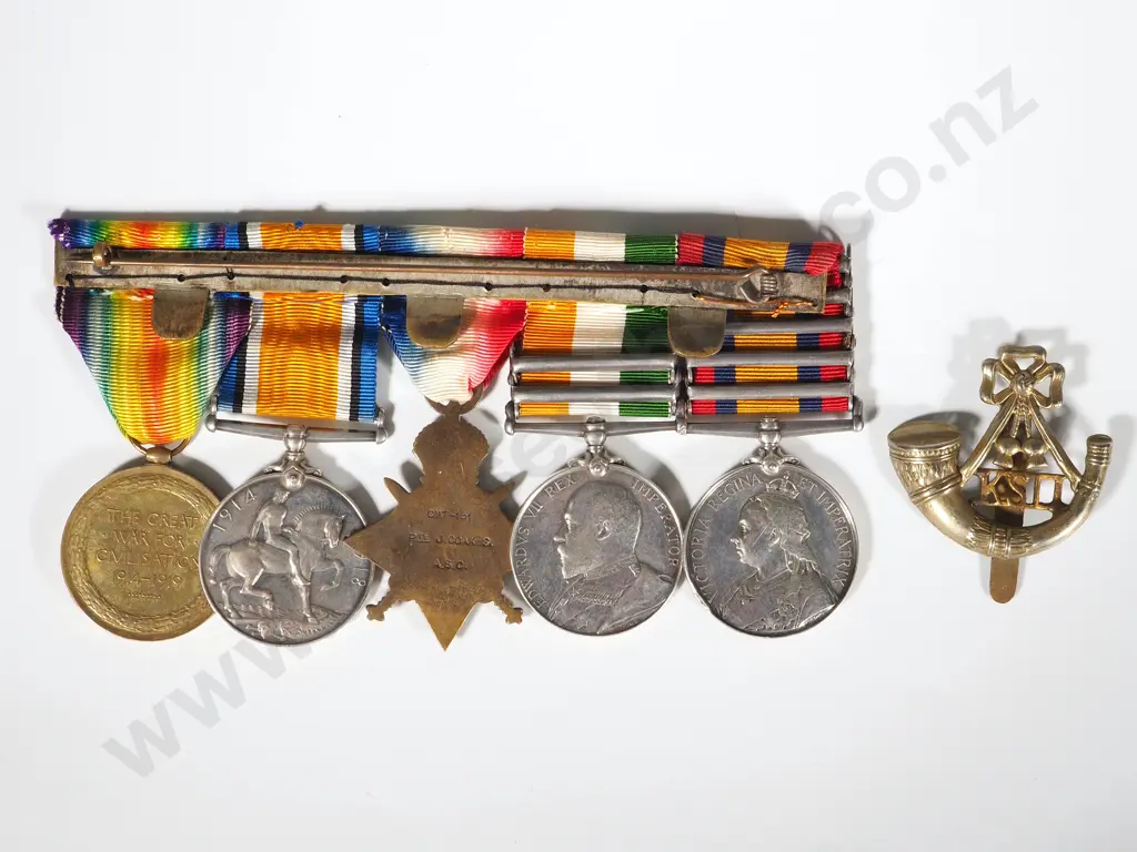 English Boer War / WW1 MID Mons Star Group of 5 to Sjt J Coakes & Cap Badge on Original Silks Image 1++