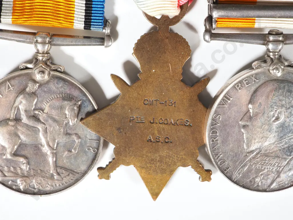 English Boer War / WW1 MID Mons Star Group of 5 to Sjt J Coakes & Cap Badge on Original Silks Image 1++