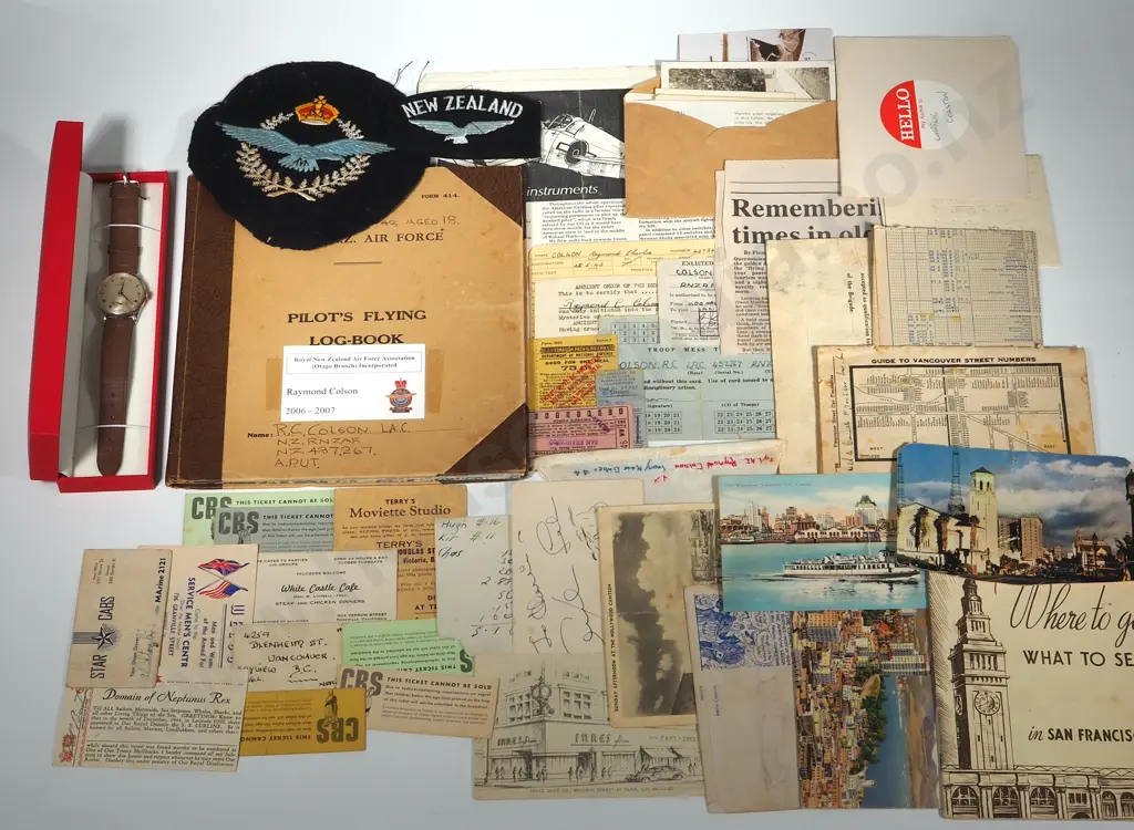 Large Collection of Memorabilia from WW2 Pilot Raymond Coulson: Logbook / Omega Wristwatch / Patches / Photo Album etc Image 1++