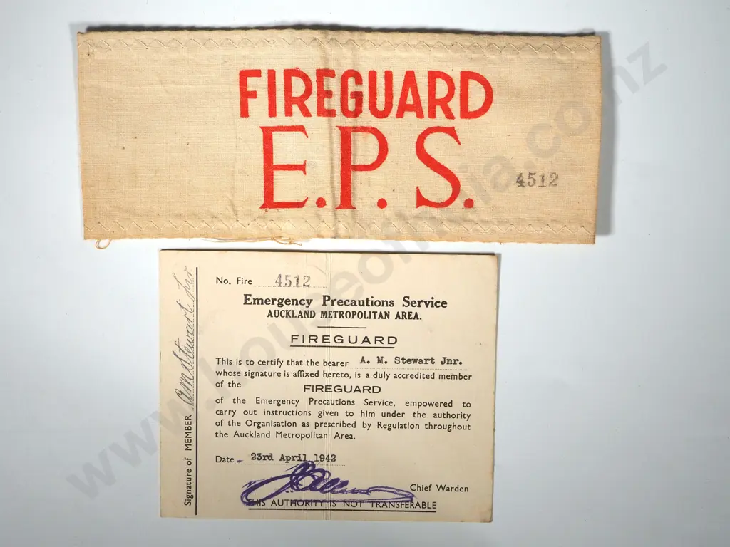 WW2 EPS Fireguard Armband & Certificate to A M Stewart Image 1++