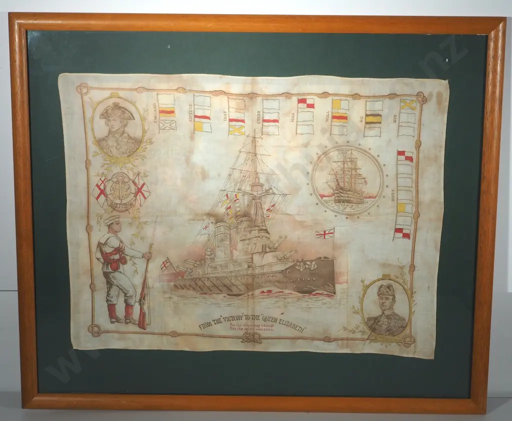 Framed Bandage "From the Victory to the Queen Elizabeth" Patriotic Silk Image 1++