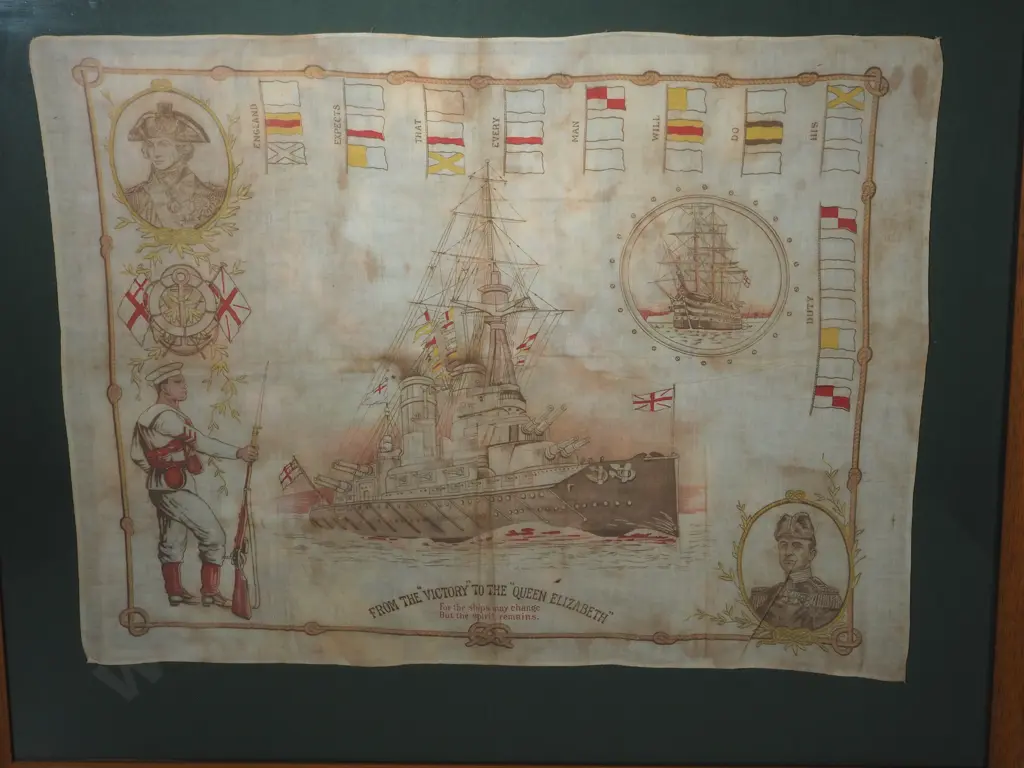 Framed Bandage "From the Victory to the Queen Elizabeth" Patriotic Silk Image 1++