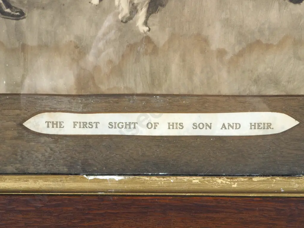 The First sight of his Son and Heir. Waterdamaged.  Monochrome Watercolour. Undated. 600x350mm Image 1++