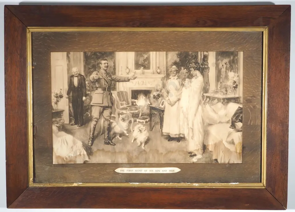 The First sight of his Son and Heir. Waterdamaged.  Monochrome Watercolour. Undated. 600x350mm Image 1++