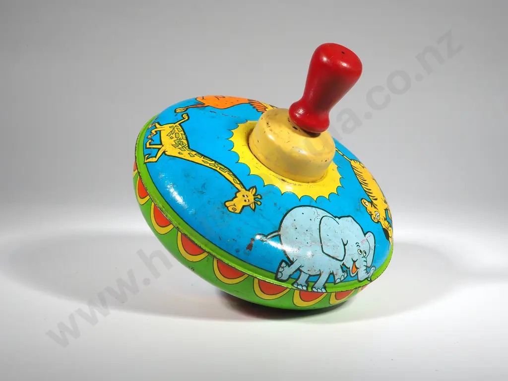 Vintage 1960's Ohio Art Tin Plate Circus Animals Spinning Top w Wooden Knob Image 1++