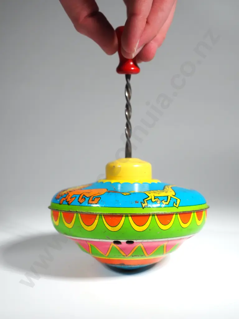 Vintage 1960's Ohio Art Tin Plate Circus Animals Spinning Top w Wooden Knob Image 1++