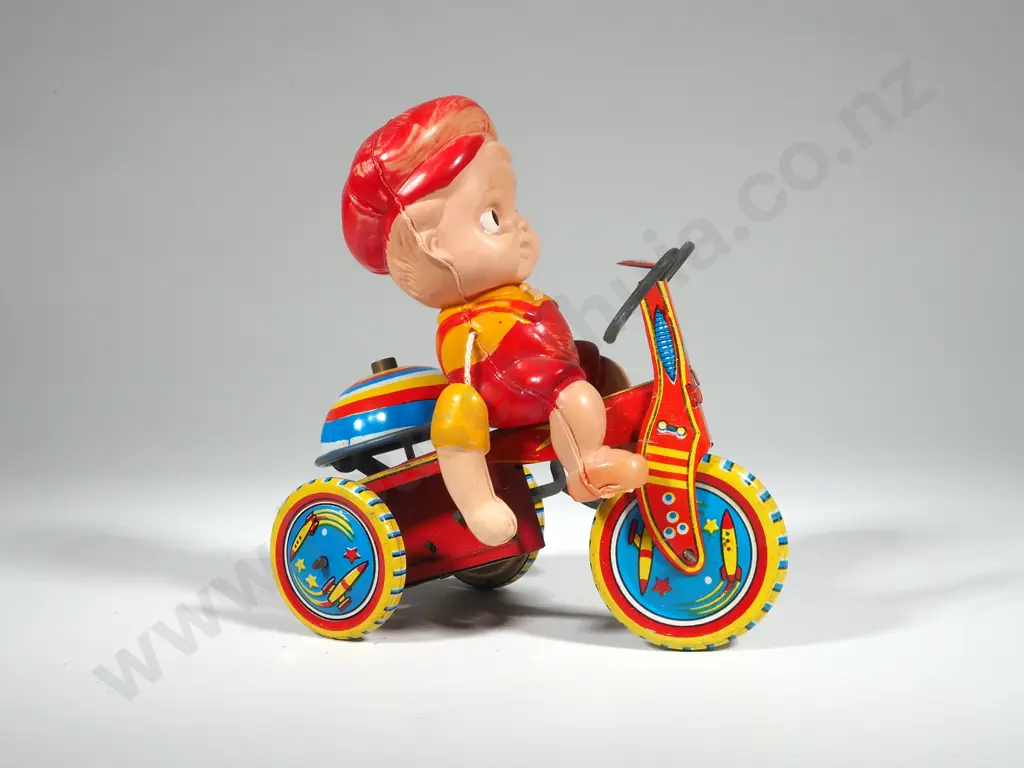 Vintage Wind Up Tin Plate Tricycle w Plastic Boy Attached Image 1++