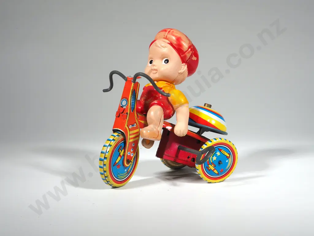 Vintage Wind Up Tin Plate Tricycle w Plastic Boy Attached Image 1++