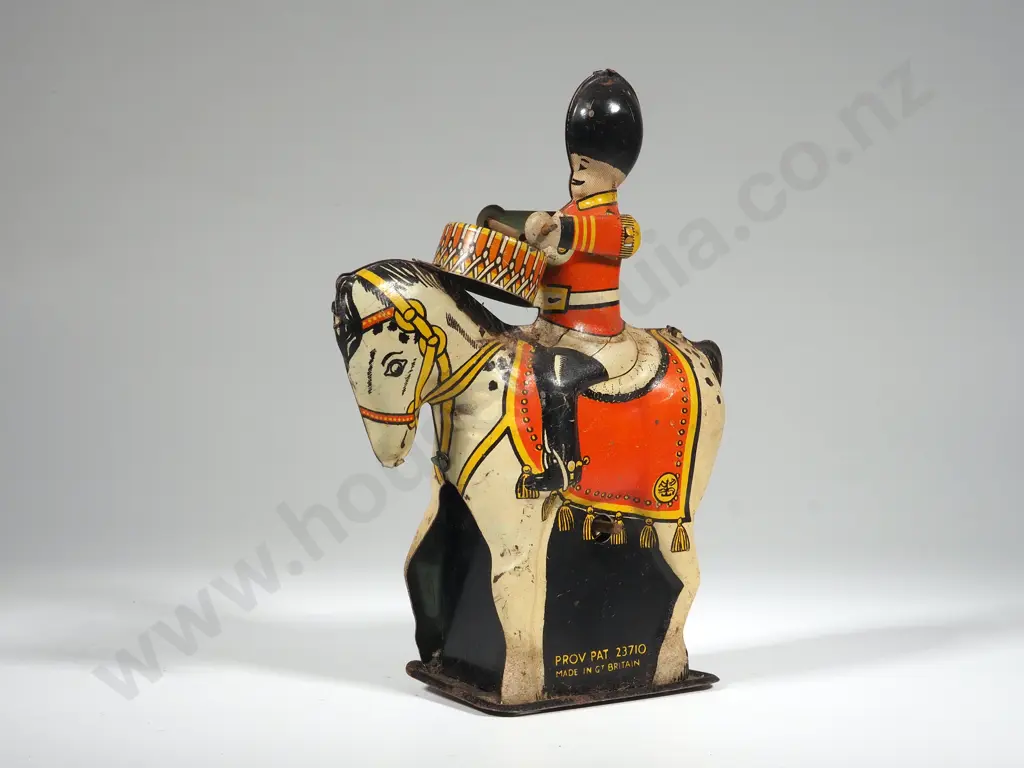Vintage Tin Plate Soldier Drummer on Horseback Wind Up Toy - Patent 23710 - Made in Great Britain Image 1++