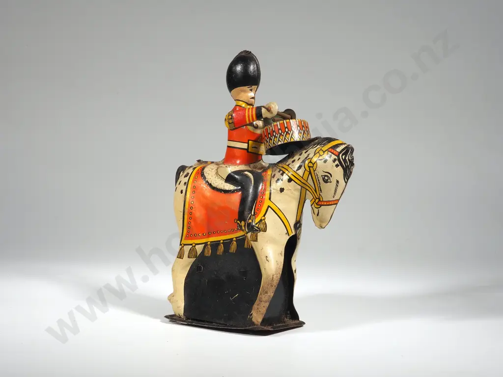 Vintage Tin Plate Soldier Drummer on Horseback Wind Up Toy - Patent 23710 - Made in Great Britain Image 1++