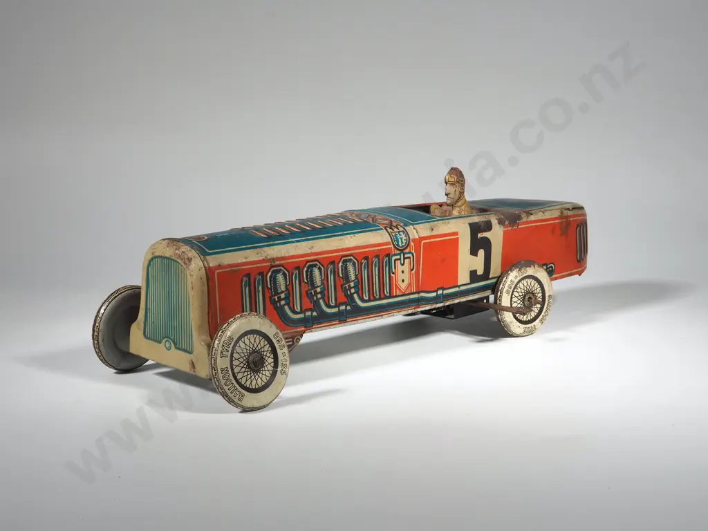 Antique Tin Plate Wind Up, Boat Tail, Racing Car w Driver Image 1++