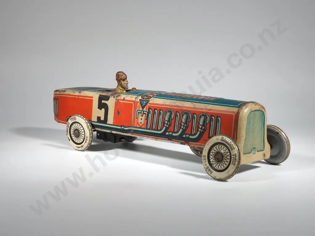 Antique Tin Plate Wind Up, Boat Tail, Racing Car w Driver Image 1++