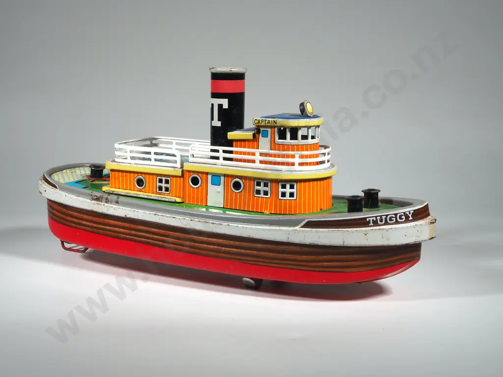 Rare Vintage Tin Toy 'Tuggy' Boat w Battery Compartment & Smoke Burner SAN Japan Mid 20th Century Image 1++