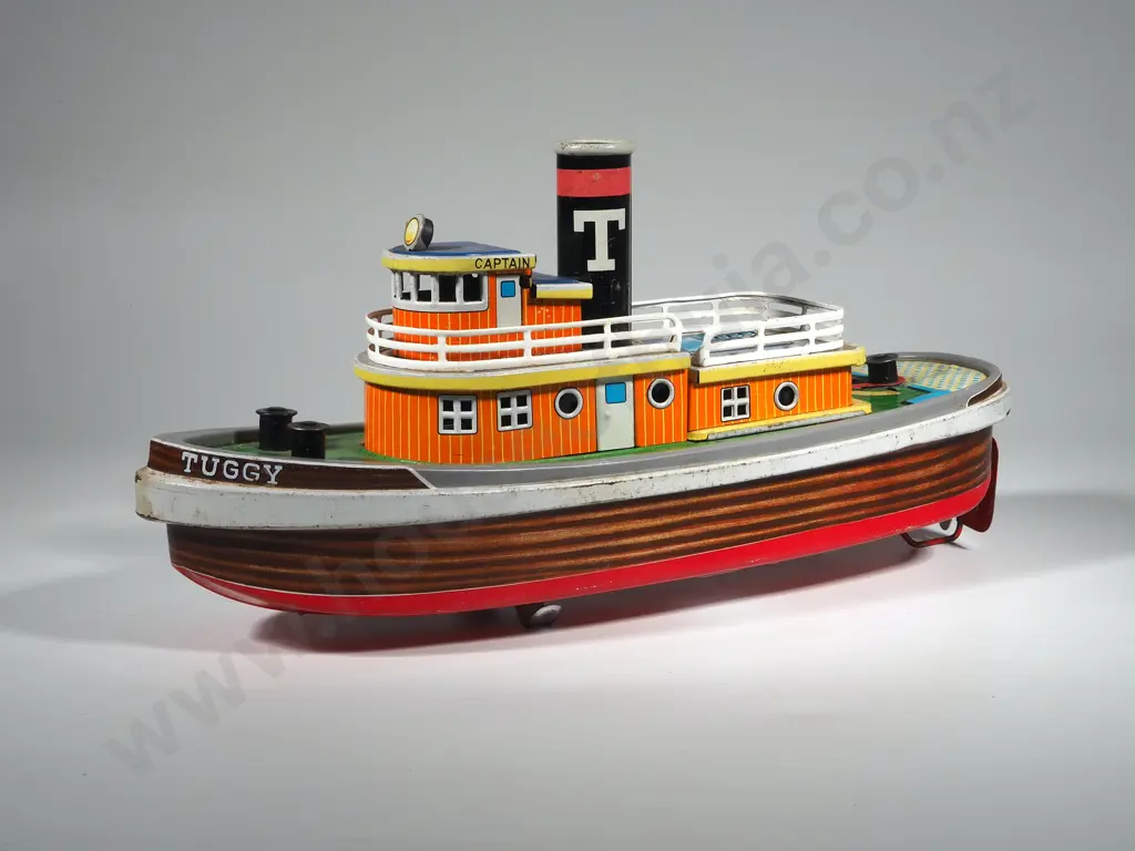 Rare Vintage Tin Toy 'Tuggy' Boat w Battery Compartment & Smoke Burner SAN Japan Mid 20th Century Image 1++