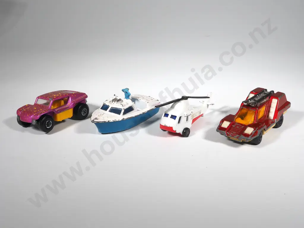 Four Matchbox Toys - No.30 Beach Buggy / No.75 Seasprite / Superfast No.52 Police Launch / No. 68 Cosmobile Image 1++