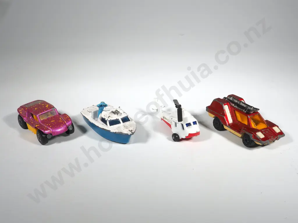 Four Matchbox Toys - No.30 Beach Buggy / No.75 Seasprite / Superfast No.52 Police Launch / No. 68 Cosmobile Image 1++