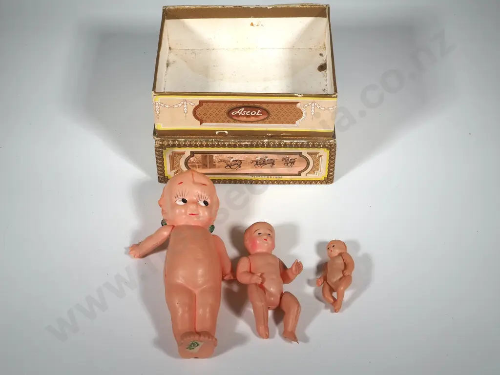 Three Very Small Plastic Dolls in Ascot Toilet Soap Box Image 1++