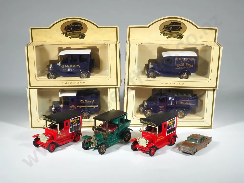 Four Cadbury Die Cast Model Vans, Two Rountree Days Gone Model Vans, One Lesney Car; Lesney Model of Yesteryear Image 1++