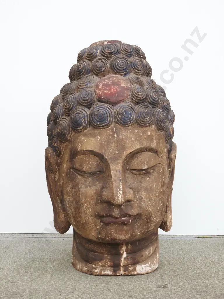 Very Large Vintage Wooden & Plaster Buddha Head With Snail Hair Image 1++