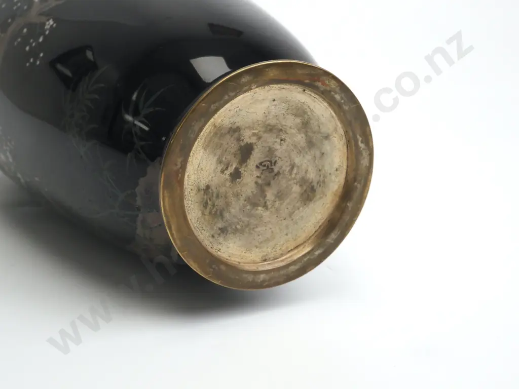 A  Fine Cloisonne Meiji Period Vase Featuring Floral & Bird Motifs Against A Black Ground. Late 19th Century Japanese. Image 1++