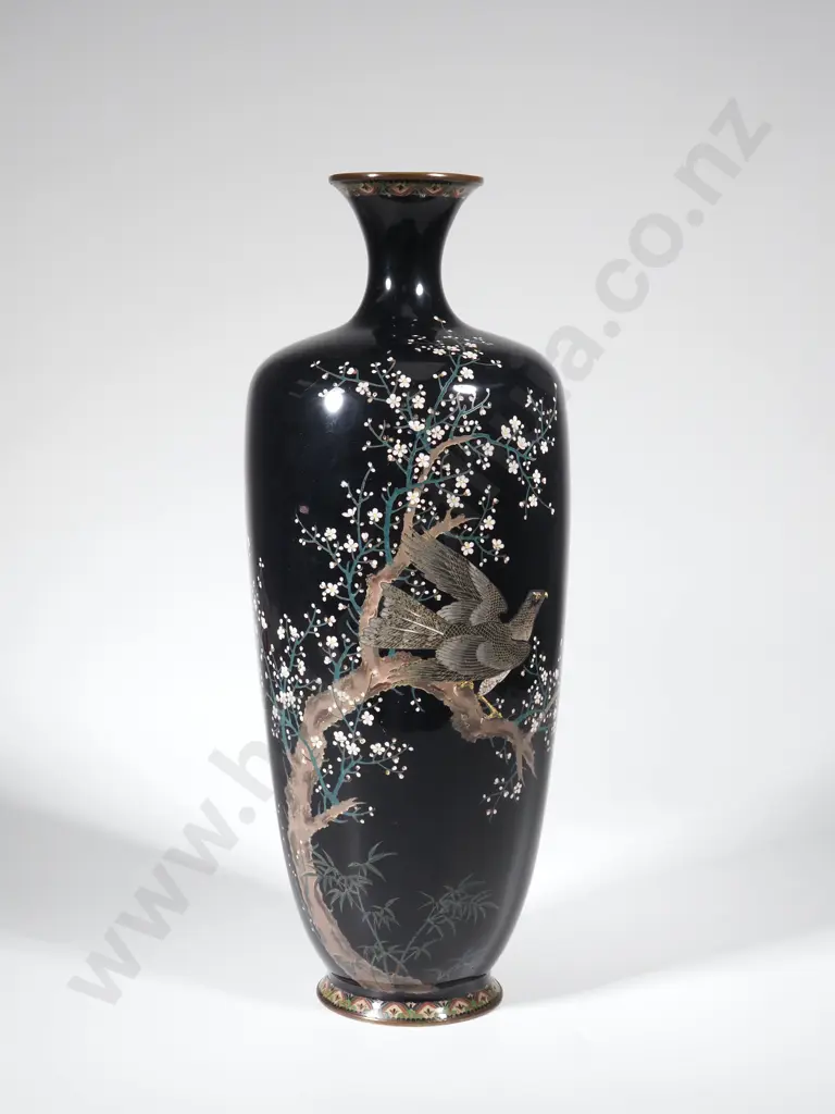 A  Fine Cloisonne Meiji Period Vase Featuring Floral & Bird Motifs Against A Black Ground. Late 19th Century Japanese. Image 1++