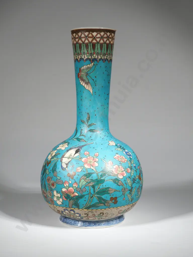 Japanese Totai Shippo Cloisonne Porcelain Vase w Birds & Flowers Image 1++