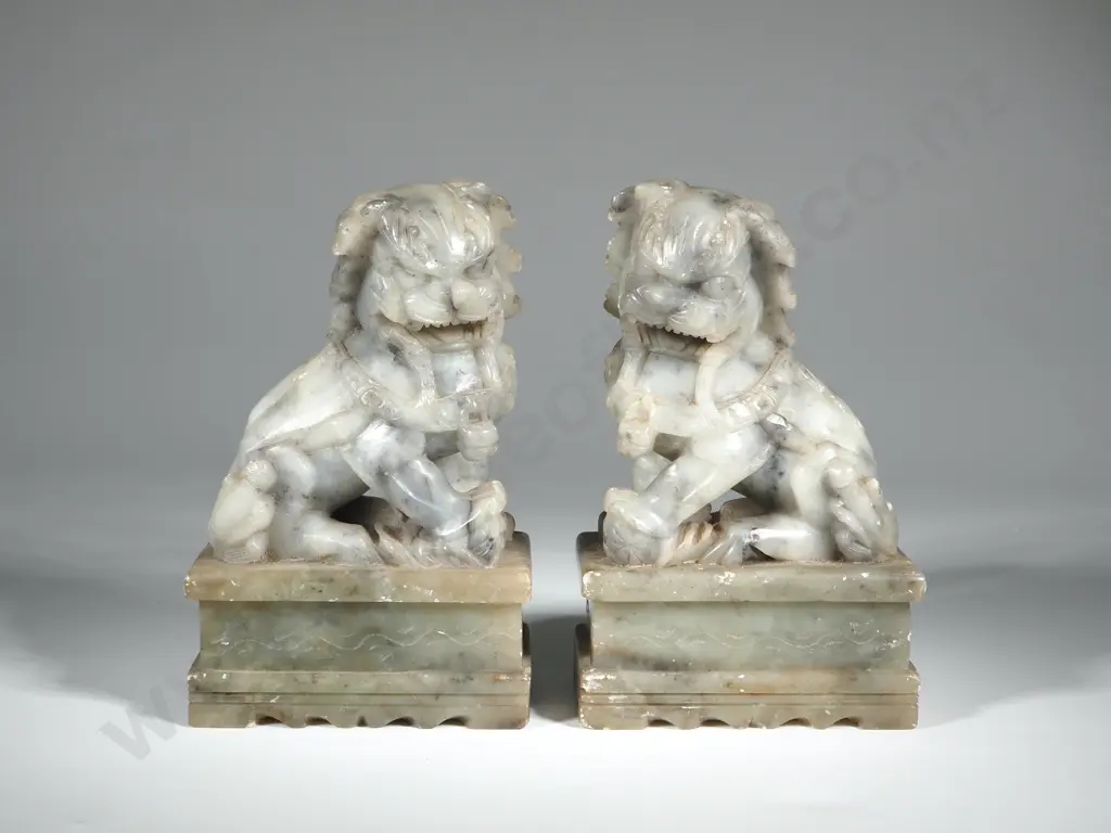 Stone Foo Dog pair Figurines 6" Grey Soapstone Chinese Guardian ShiShi Lion Vintage Bookend Fu Dog Image 1++