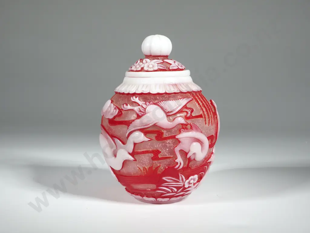 Oriental Red Glass Ginger Jar w Bird Motifs - Lid A/F Image 1++