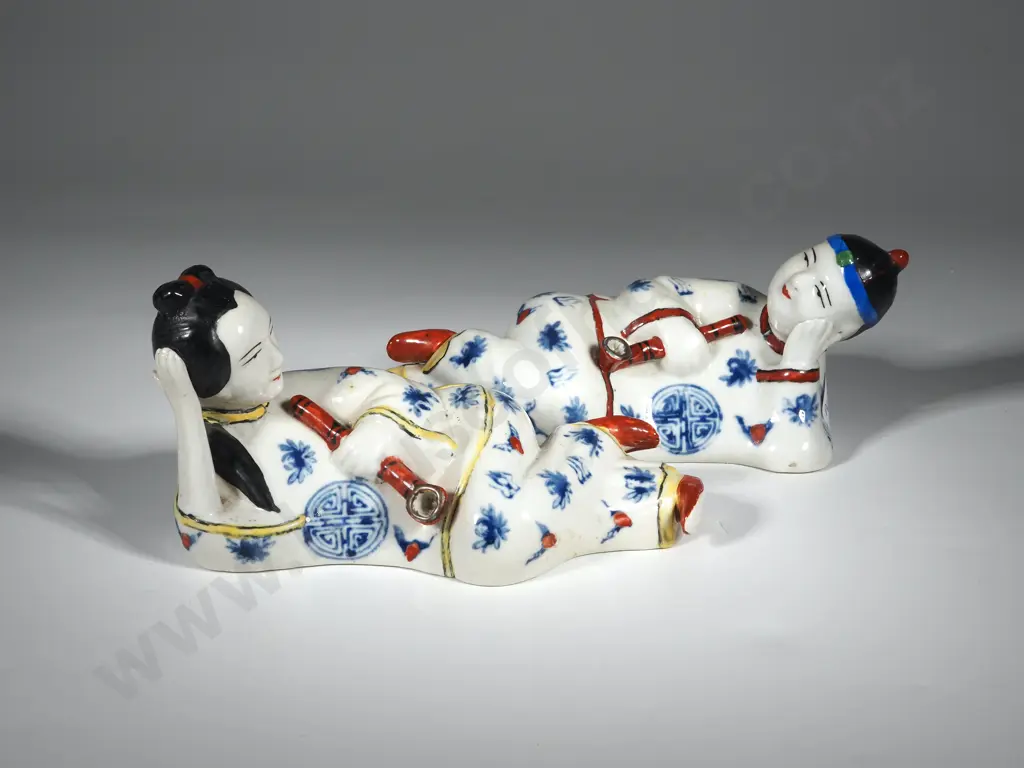 Pair Of  Chinese Doucai Porcelain Figures of A Reclining Male & Female Smoking Opium PIpes. Image 1++
