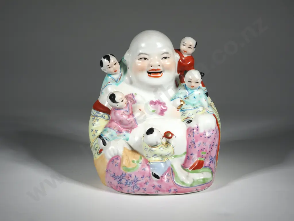 Chinese Antique / Vintage Famille Rose Porcelain Laughing Buddha With Five Children Image 1++