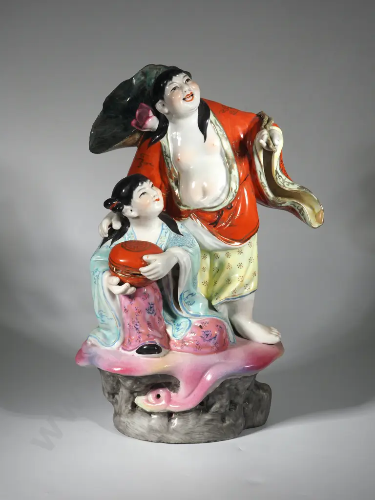 Large Porcelain Figure Of The Hehe Erxian Twins . Hgt 350 x Width 250mm Image 1++