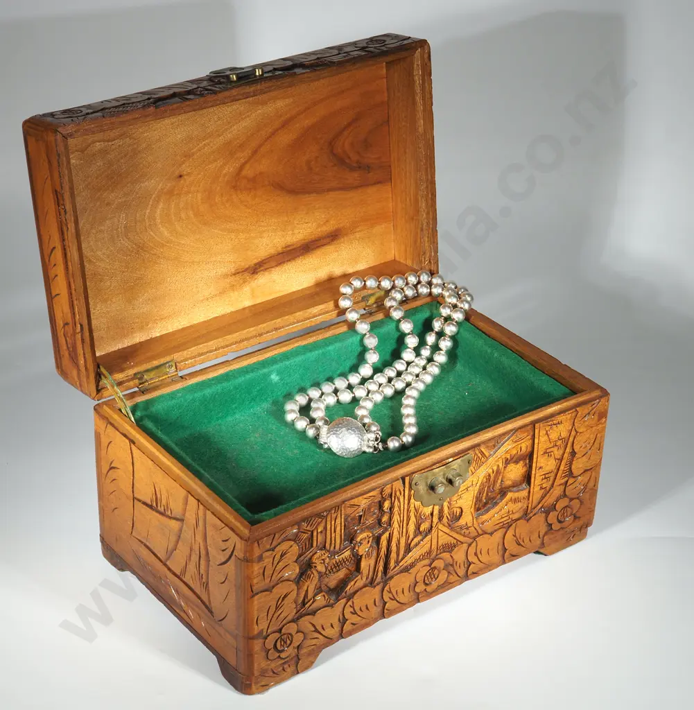 Small Oriental Camphor Chest Fitted With Two Trays For Jewellery - Please note, necklace not included Image 1++