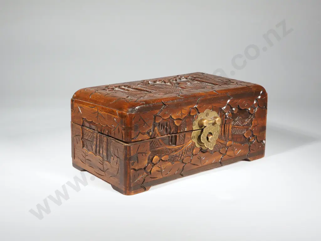 Carved Wooden Box of Costume Jewellery Image 1++