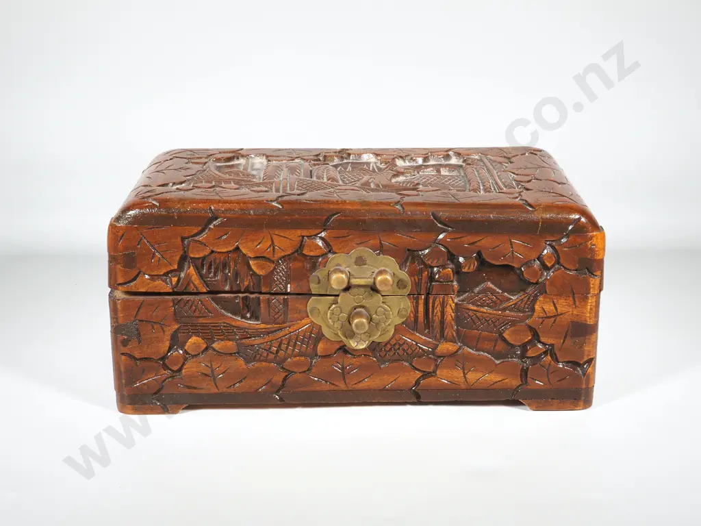 Carved Wooden Box of Costume Jewellery Image 1++