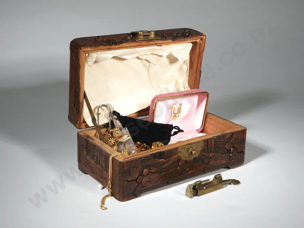 Carved Wooden Box of Costume Jewellery Image 1++