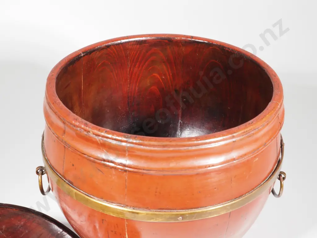 Chinese Red, Lidded, Lacquered, Wooden Barrel w Brass Bands & Handles,and Ceramic Lid Finial Image 1++