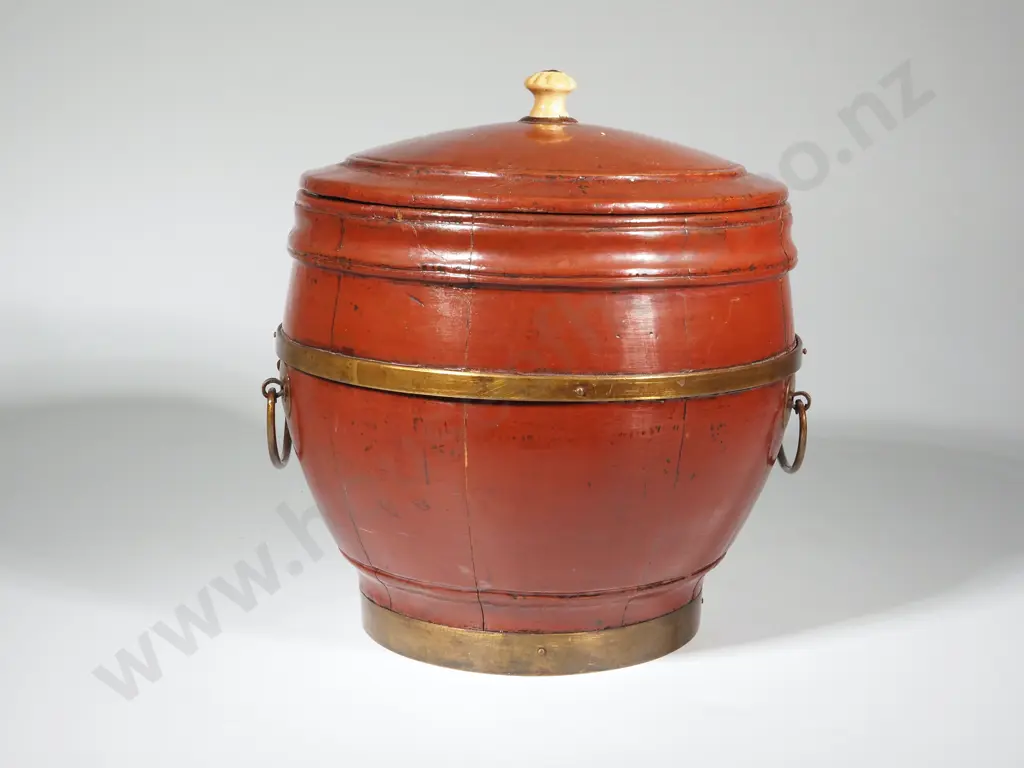 Chinese Red, Lidded, Lacquered, Wooden Barrel w Brass Bands & Handles,and Ceramic Lid Finial Image 1++