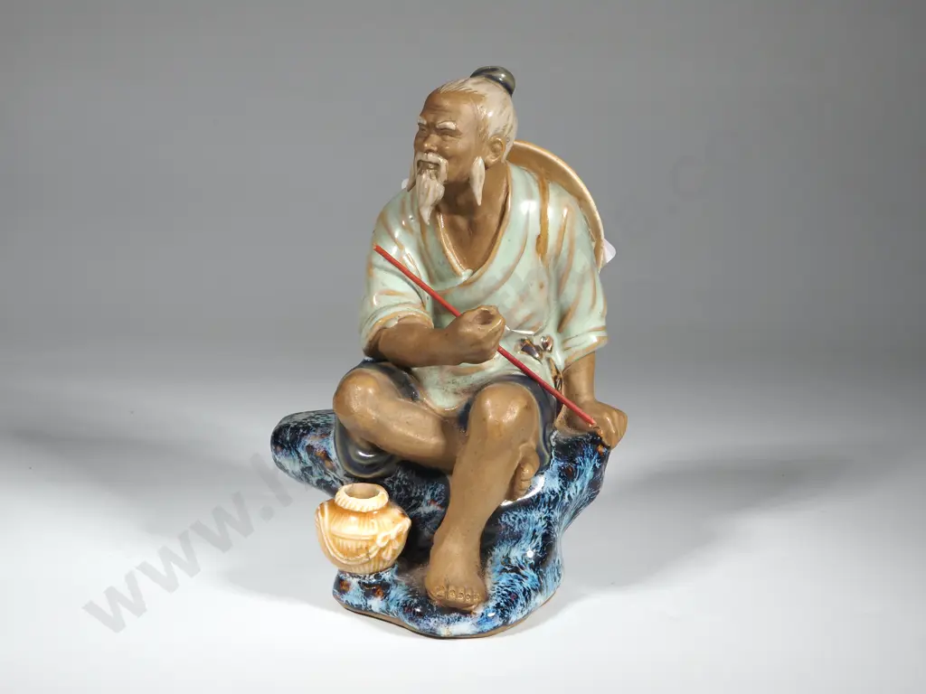 Vintage Shiwan Mudman Chinese Pottery. Fisherman w Pole. Hgt 150mm  Image 1++