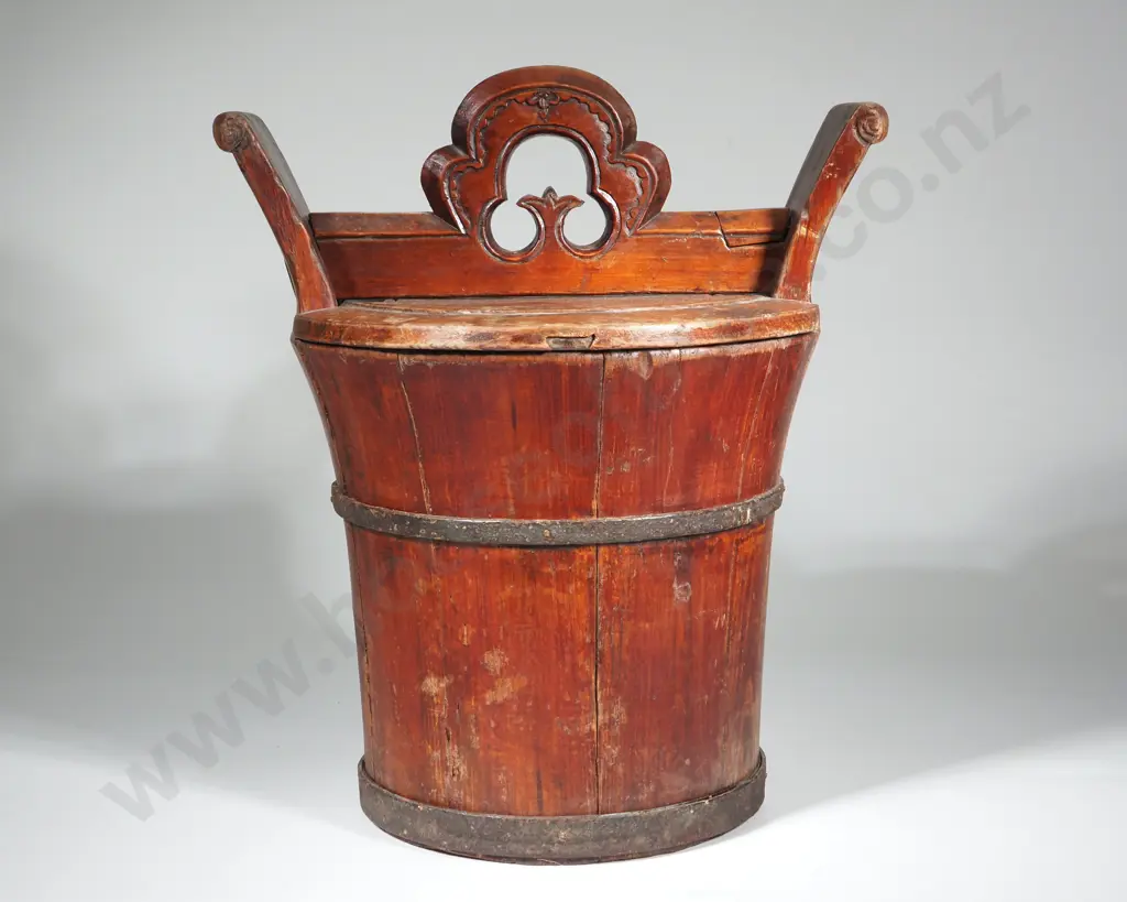 Antique Chinese Carved Wooden Rice Or Tea Box Bucket  Image 1++