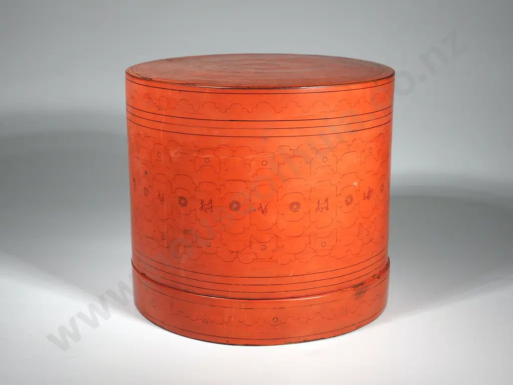 Finely Detailed Cylindrical Red Lacquered Four Piece Container. Image 1++