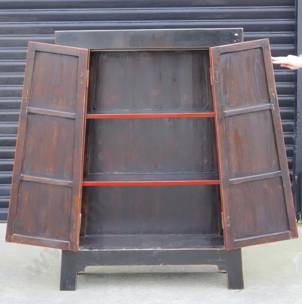 Chinese Red & Black Lacquered Wedding Cabinet Of Tapered Form Image 1++