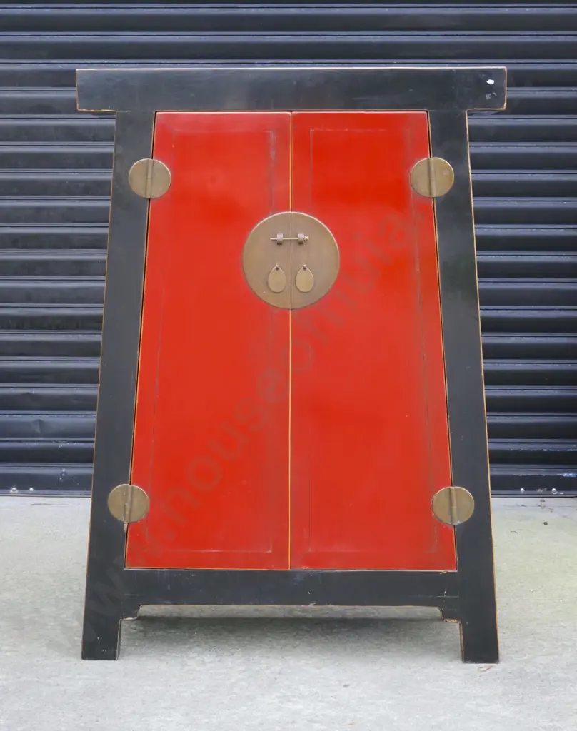 Chinese Red & Black Lacquered Wedding Cabinet Of Tapered Form Image 1++
