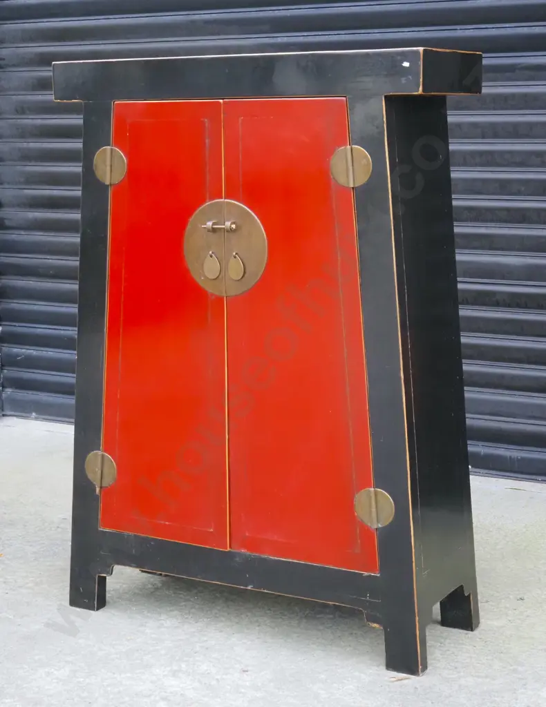 Chinese Red & Black Lacquered Wedding Cabinet Of Tapered Form Image 1++