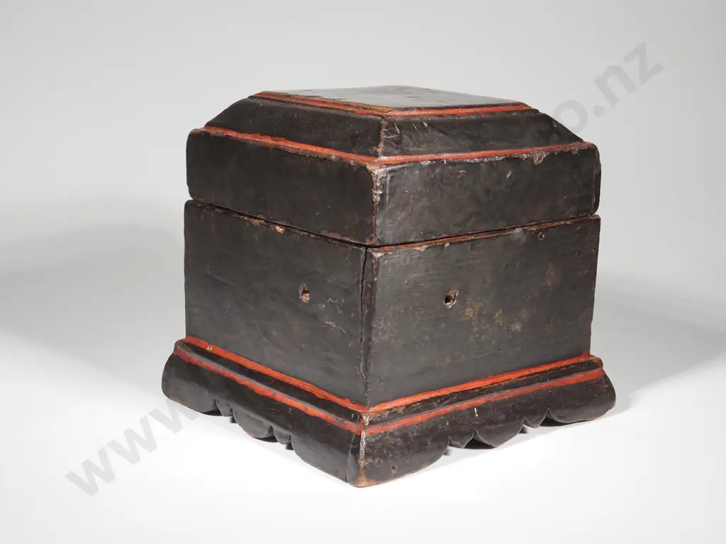 19th Century Black & Lacquered  w Red Accents Betal Nut Box On Bracket Feet Image 1++