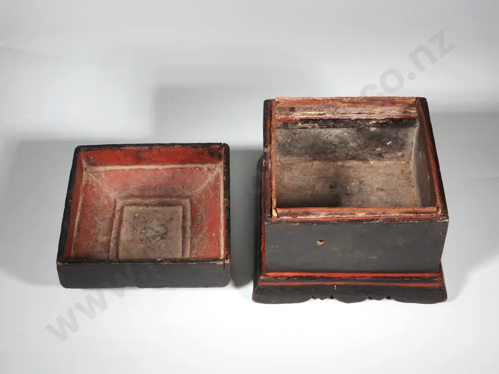 19th Century Black & Lacquered  w Red Accents Betal Nut Box On Bracket Feet Image 1++